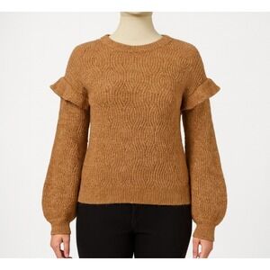 Belle by Belldini Sweater Women L Brown Ruffle Shoulder Balloon Sleeve Pointelle